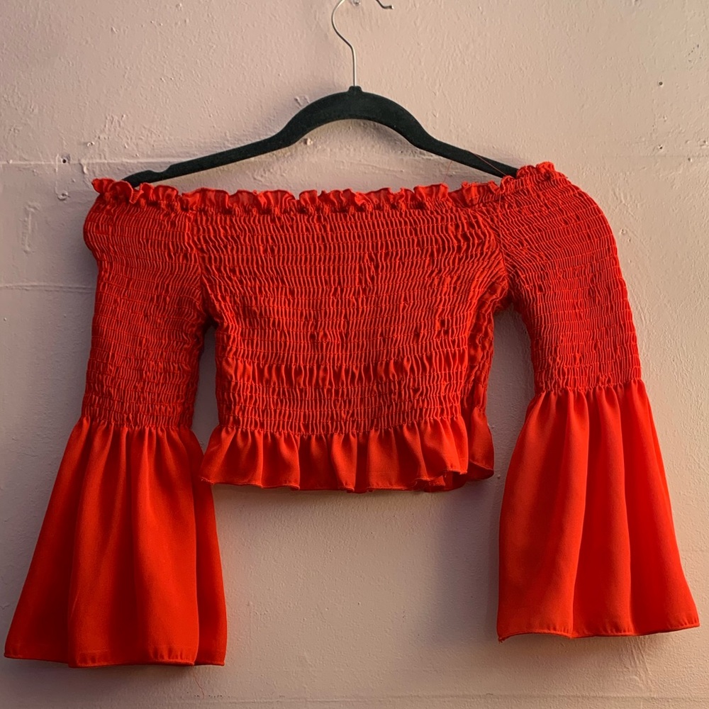 bright red off the shoulder tube top